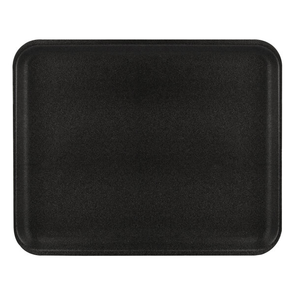A black CKF foam meat tray on a white counter.