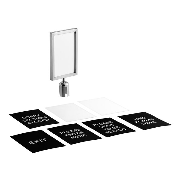 Lancaster Table & Seating Stainless Steel 8 1/2" x 12 1/2" Stanchion Sign Frame & Sign Set with Clear Covers