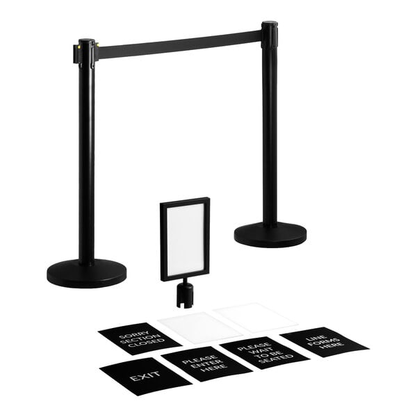 Lancaster Table & Seating Black 36" Crowd Control / Guidance Stanchion Kit including Frame & Sign Set with Clear Covers