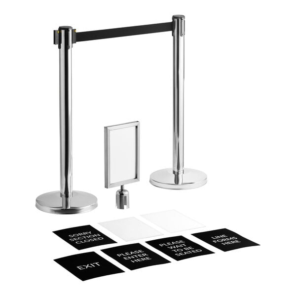Lancaster Table & Seating Stainless Steel Silver 36" Crowd Control / Guidance Stanchion Kit including Frame & Sign Set with Clear Covers