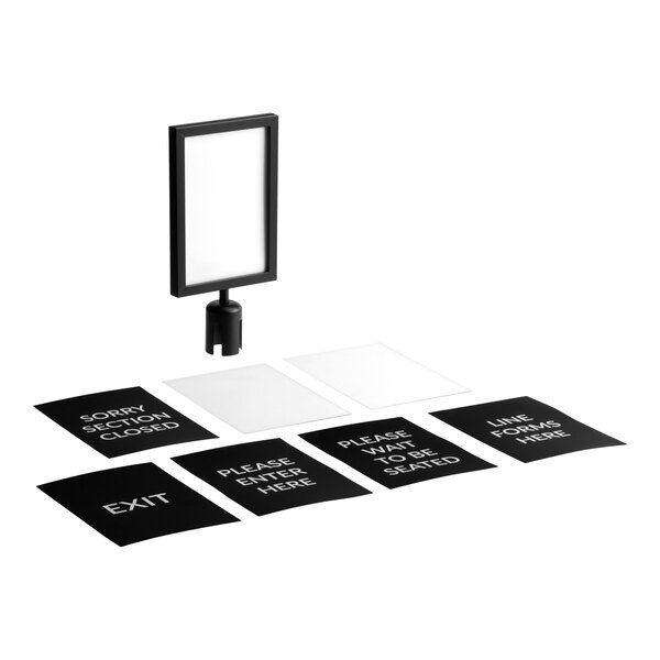 Lancaster Table & Seating Black 8 1/2" x 12 1/2" Stanchion Sign Frame & Sign Set with Clear Covers