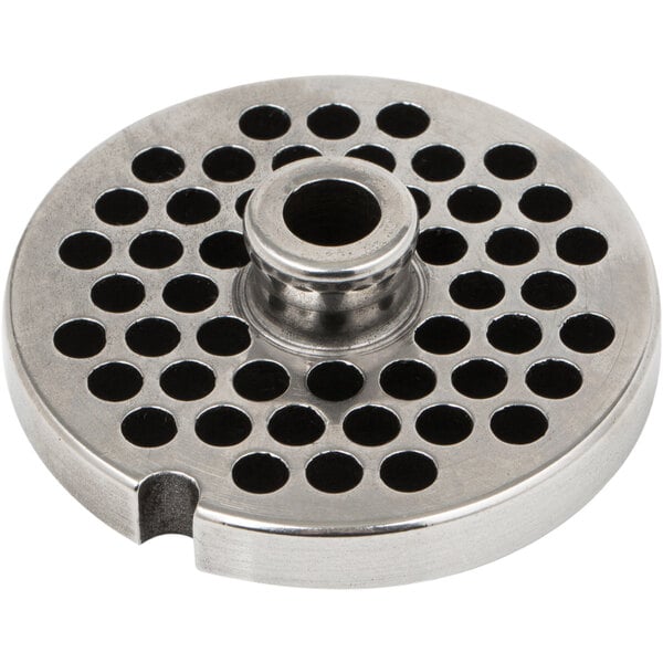 A metal circular Globe #12 Meat Grinder Plate with holes in it.