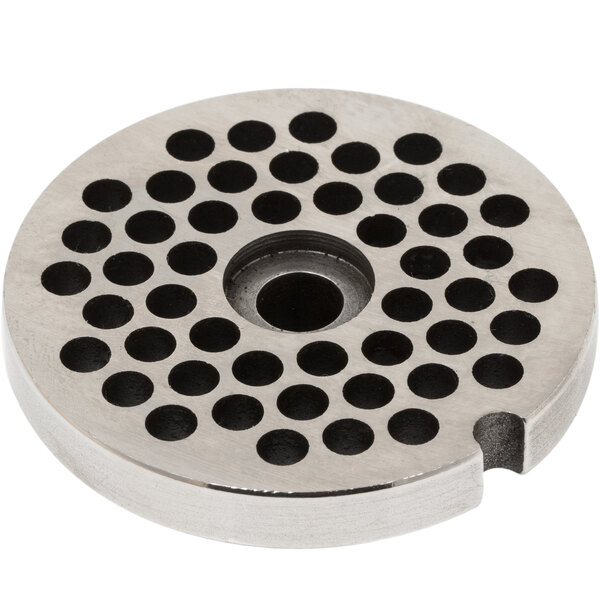 A stainless steel Globe #12 meat grinder plate with circular holes.