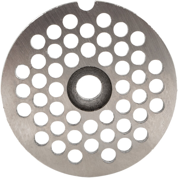 A Globe #12 meat grinder plate, a circular metal object with holes in it.