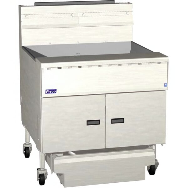 A white rectangular Pitco gas fryer with black handles.