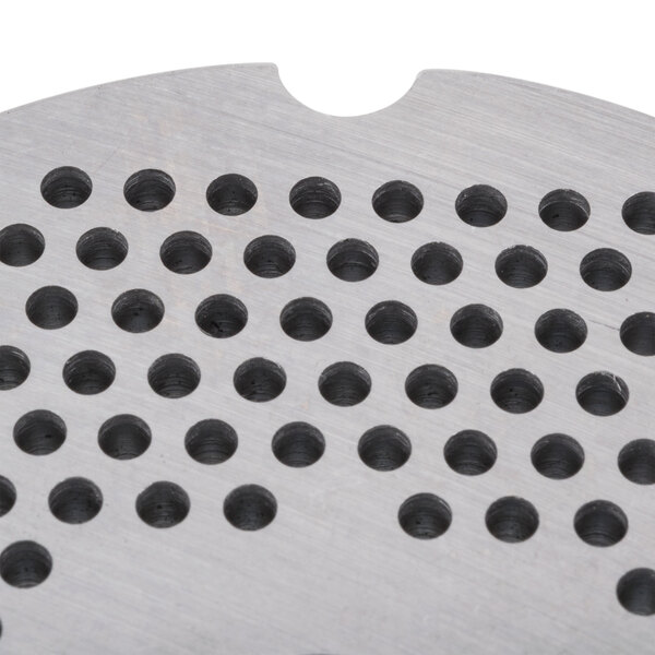 A Globe #12 Meat Grinder Plate with circular holes.