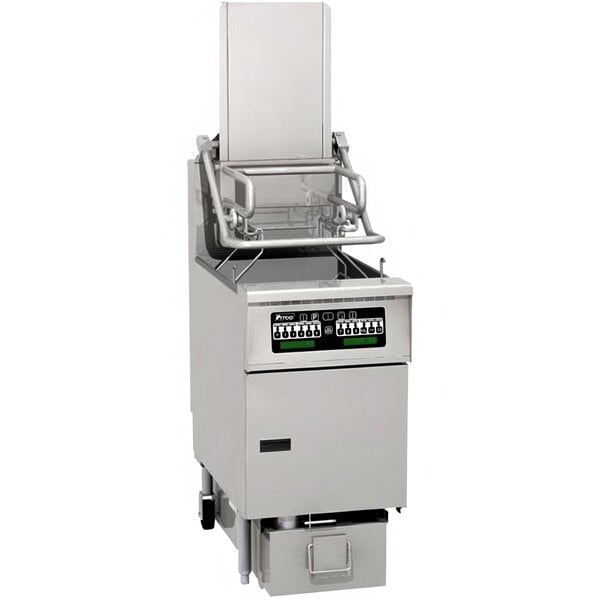 A large stainless steel Pitco gas fryer with a black panel.