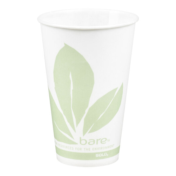 A 12 oz. wax treated printed paper cold cup with a green leaf design from Bare by Solo.
