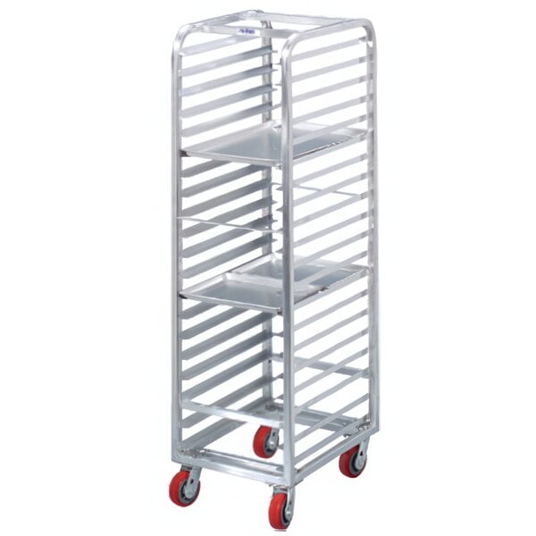 A Channel AXD1810 metal sheet pan rack with red wheels.