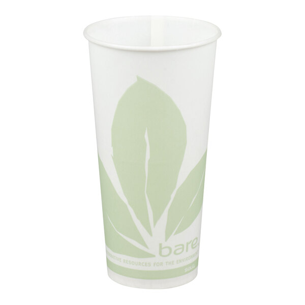 A white paper cold cup with a light green leaf design and the word 'bare' printed on it.