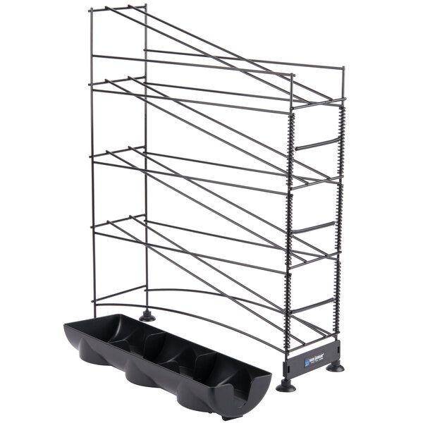 A black wire rack with black trays on it.
