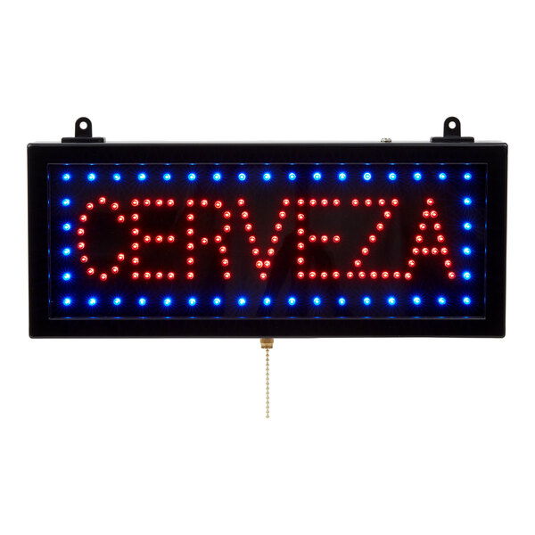 A rectangular LED sign with the word 'CERVEZA' in red lights, surrounded by a border of blue lights, and a pull chain hanging from the bottom.