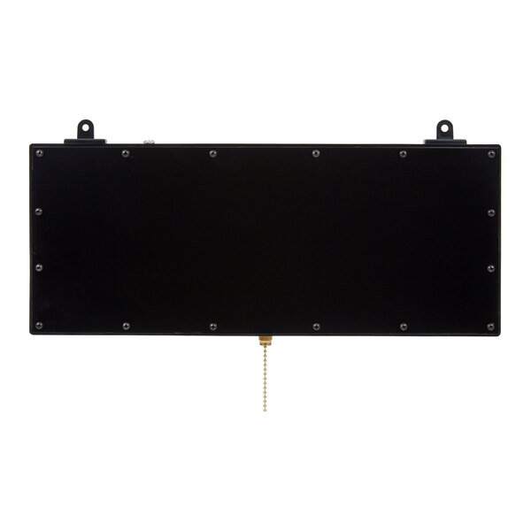 A rectangular black panel with visible screws around the edges, two mounting brackets on top, and a pull chain hanging from the bottom center.