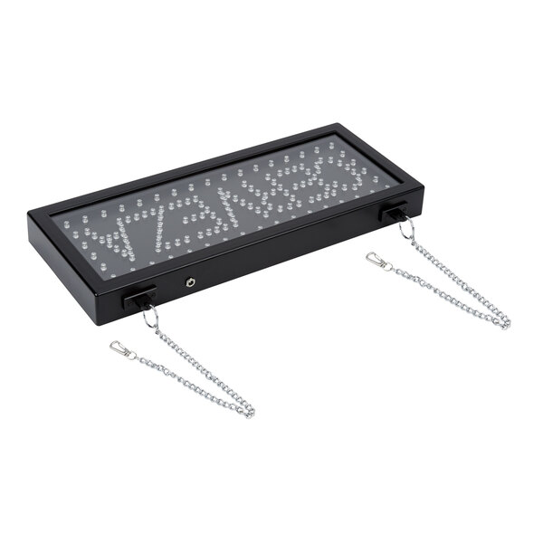 A rectangular LED sign with a black frame, featuring a pattern of small lights and two attached hanging chains.