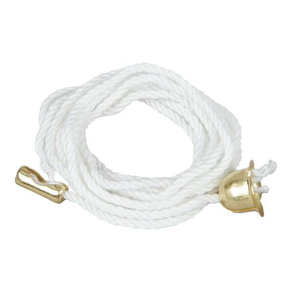 A coiled white rope with gold-colored metal fittings on both ends.