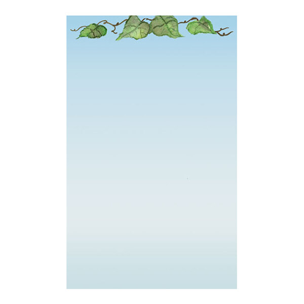 A sheet of paper with a light blue gradient background and a grapevine with green leaves illustrated along the top edge.