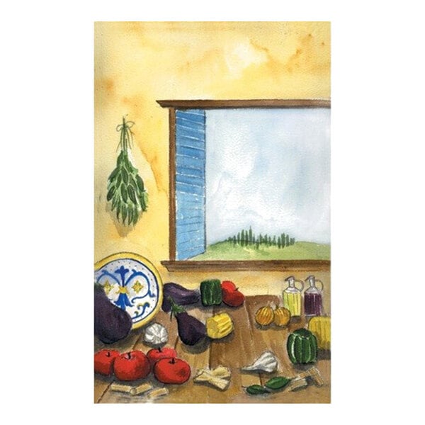 A watercolor-style illustration shows a rustic kitchen scene with vegetables, bottles, a decorative plate, and a window overlooking a landscape.