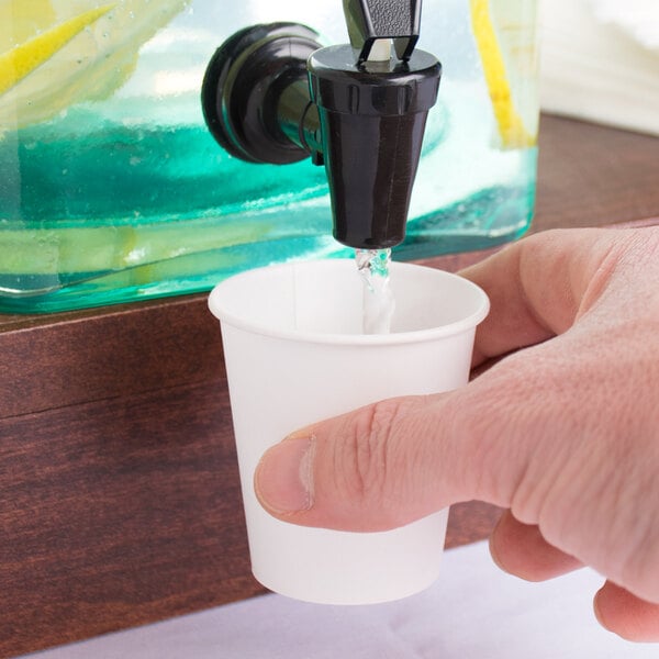 A person pouring water into a Bare by Solo white paper cold cup.