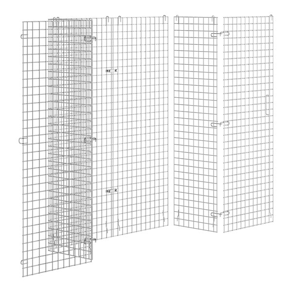 A wire mesh security cage with an open door.