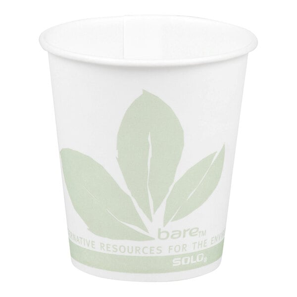 A small white paper cold cup with a green leaf design and eco-friendly branding.