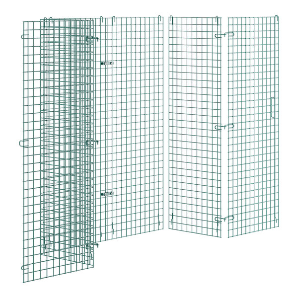 A wire mesh security cage with doors open.
