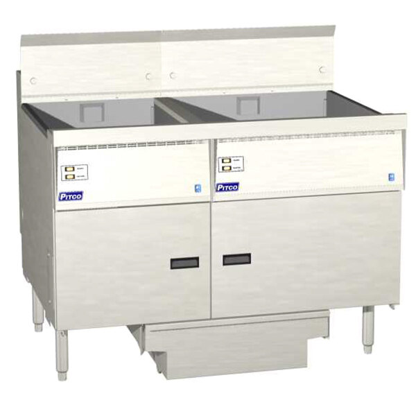 A white Pitco flat bottom floor fryer with digital controls and drawers.