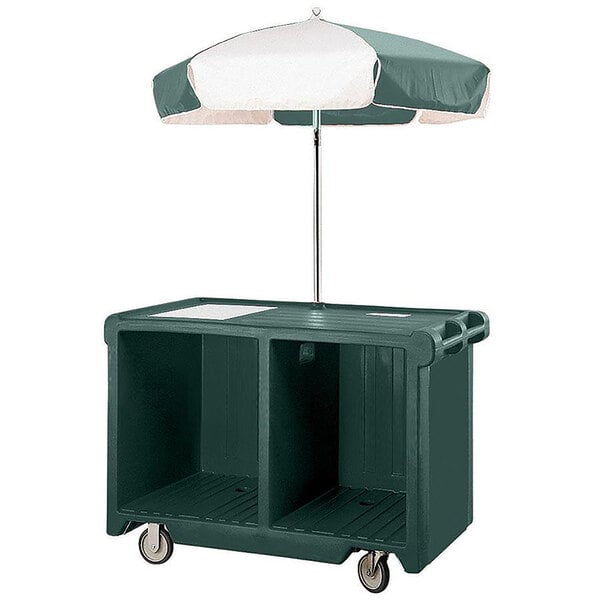 A green Cambro vending cart with a white and black umbrella.