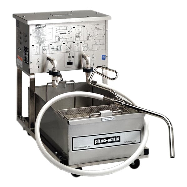 A portable fryer oil filter machine with a stainless steel body, labeled 'Pitco-matic,' featuring a hose and metal wand attachment.