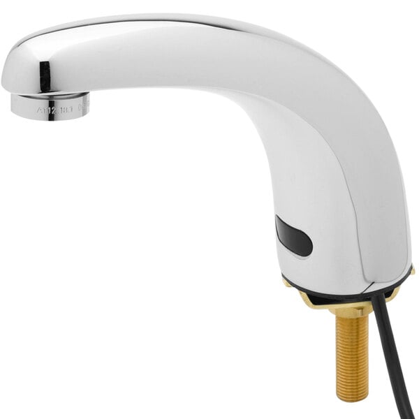 A silver Equip by T&S deck mounted sensor faucet with a black cord.