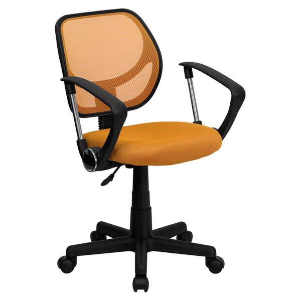 An orange and black Flash Furniture mid-back office chair with a mesh back.