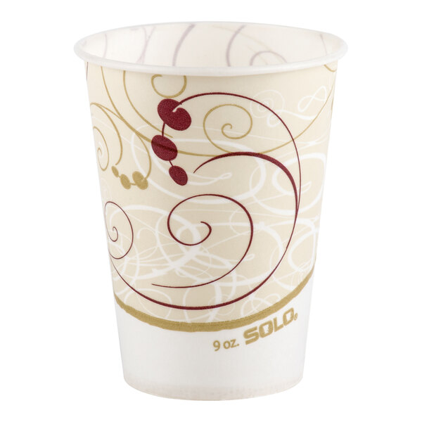 A 9 oz. wax treated paper cold cup with a decorative swirl design.
