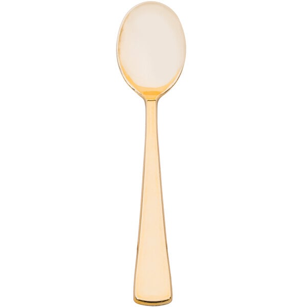 A close up of a Fineline gold plastic spoon with a white handle.