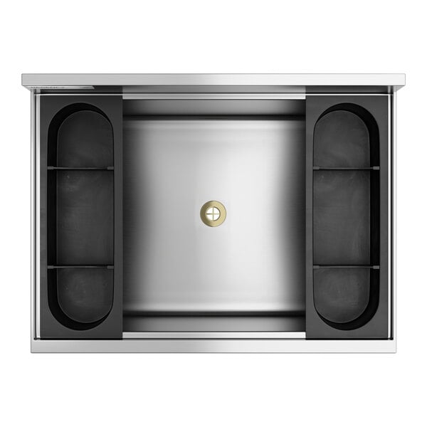 An 18 by 24 inch stainless steel underbar ice bin with bottle holders and a 77 lb. capacity.