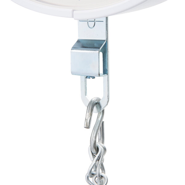 A white metal hook with a chain attached to it.