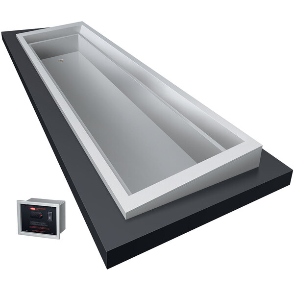 A black rectangular Hatco drop-in cold food well with a clear glass top.