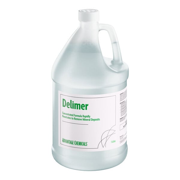 A one-gallon plastic jug of Advantage Chemicals concentrated delimer and descaler.