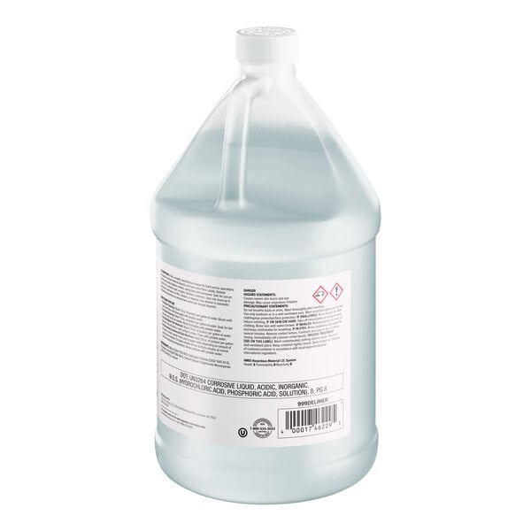 A one-gallon container of concentrated delimer and descaler from Advantage Chemicals.
