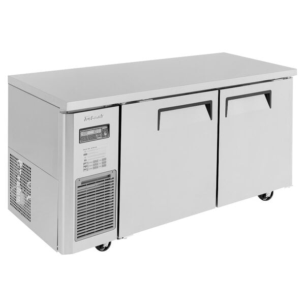 A stainless steel Turbo Air undercounter refrigerator with two solid doors.