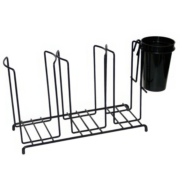 A black metal San Jamar 3 stack horizontal cup and lid wire organizer on a counter.