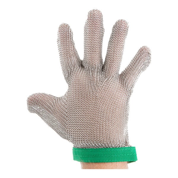 A hand wearing a San Jamar stainless steel mesh cut resistant glove.
