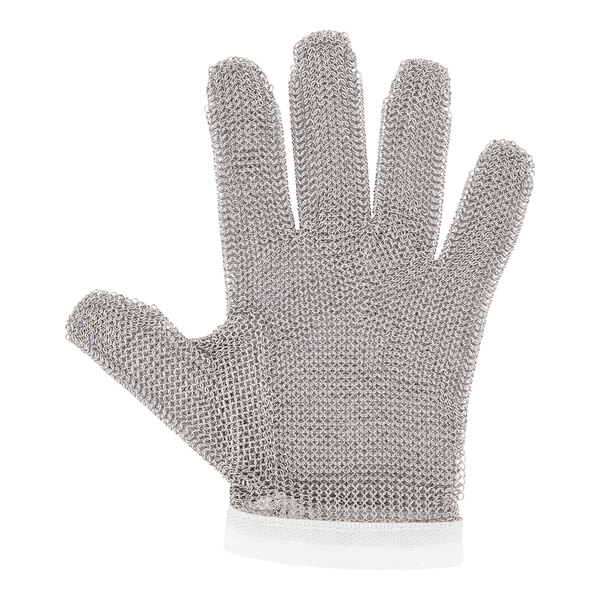 A close-up of a San Jamar stainless steel mesh glove with a white band.