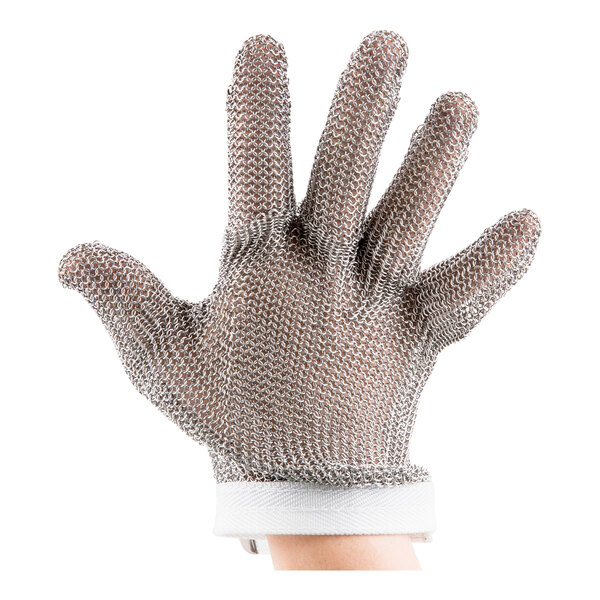 A hand wearing a San Jamar stainless steel mesh cut resistant glove.