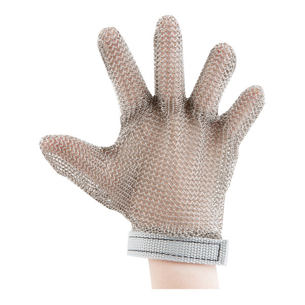 A hand wearing a San Jamar stainless steel mesh glove.