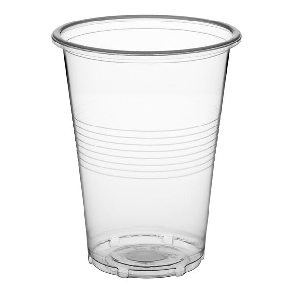 A clear plastic Choice tall thin wall cup with a clear lid.