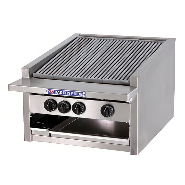 A Bakers Pride natural gas charbroiler with two burners on a counter.