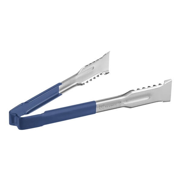 Two Vollrath stainless steel tongs with blue Kool-Touch handles.