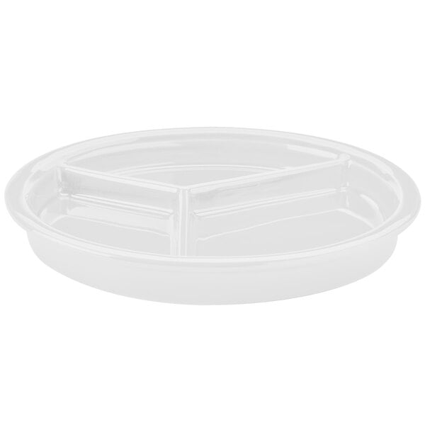 A Hall China bright white plate with three sections.