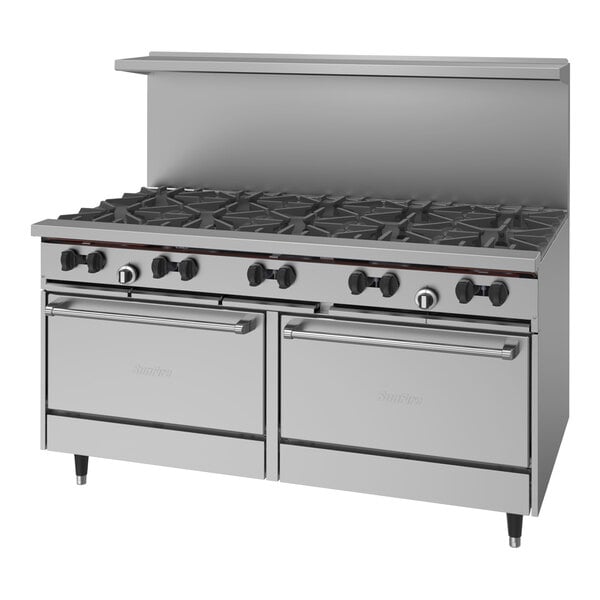 A large stainless steel Garland commercial gas range with 10 burners.