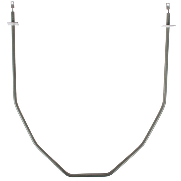 A metal pipe with two screws on each end and a curved metal bar with two metal rings on each end.