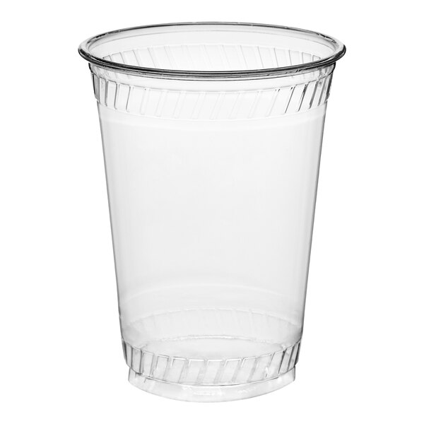 A clear 10 oz. compostable plastic cold cup.